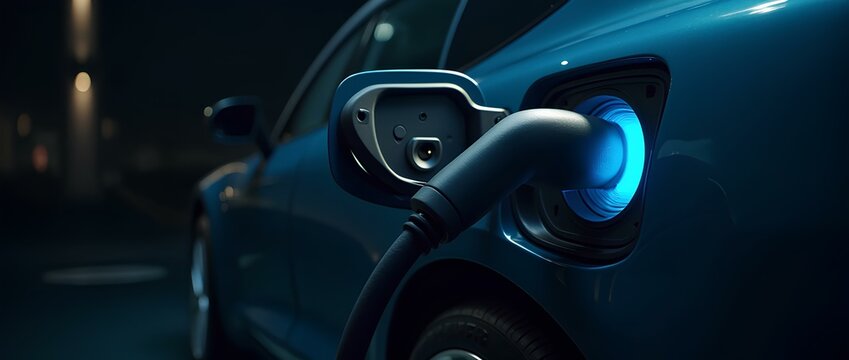 EV charging station for electric car in concept of green energy and eco power produced from sustainable source to supply to charger station in order to reduce CO2 emission, ecological luxury cars