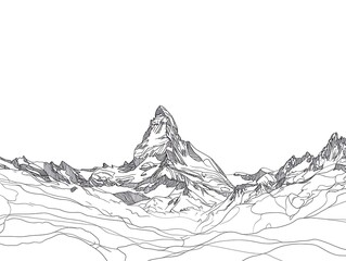 A black and white line drawing showing several towering mountains