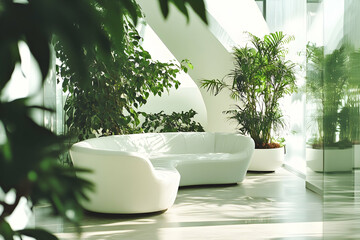 White contemporary space with plants a cozy sofa and a sleek design