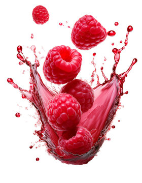 Ripe raspberries creating a splash of juice on transparent background