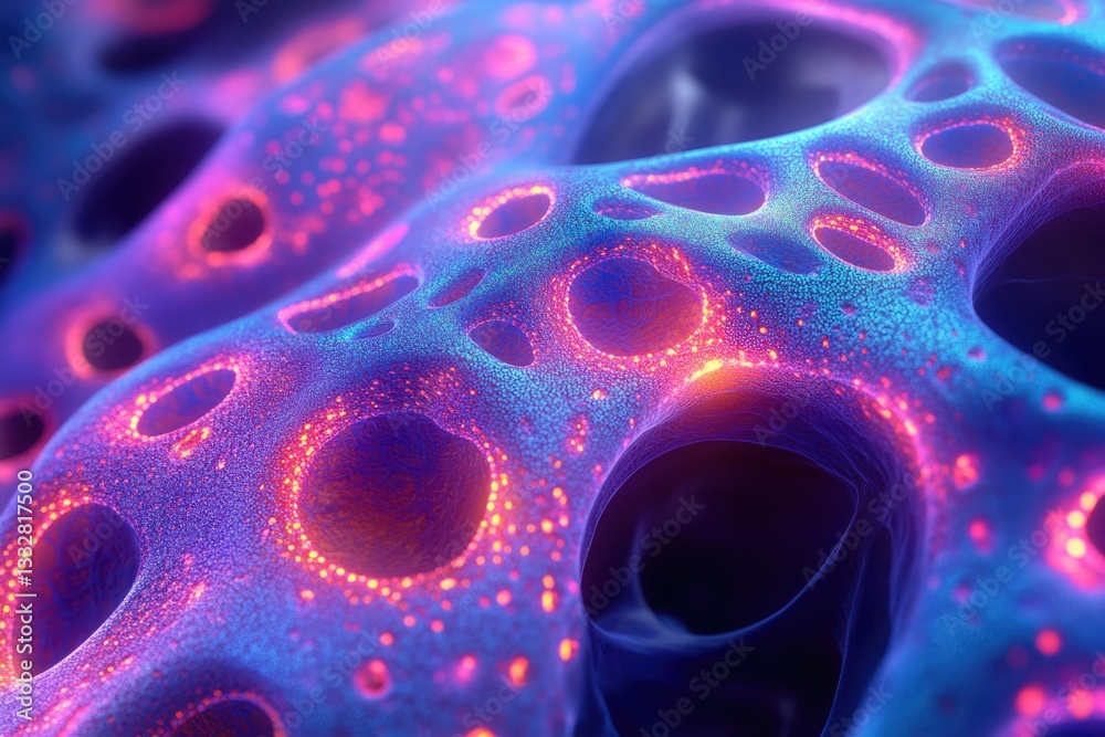 Poster Abstract microscopic view of vibrant, interconnected cells with glowing edges, resembling a complex network.