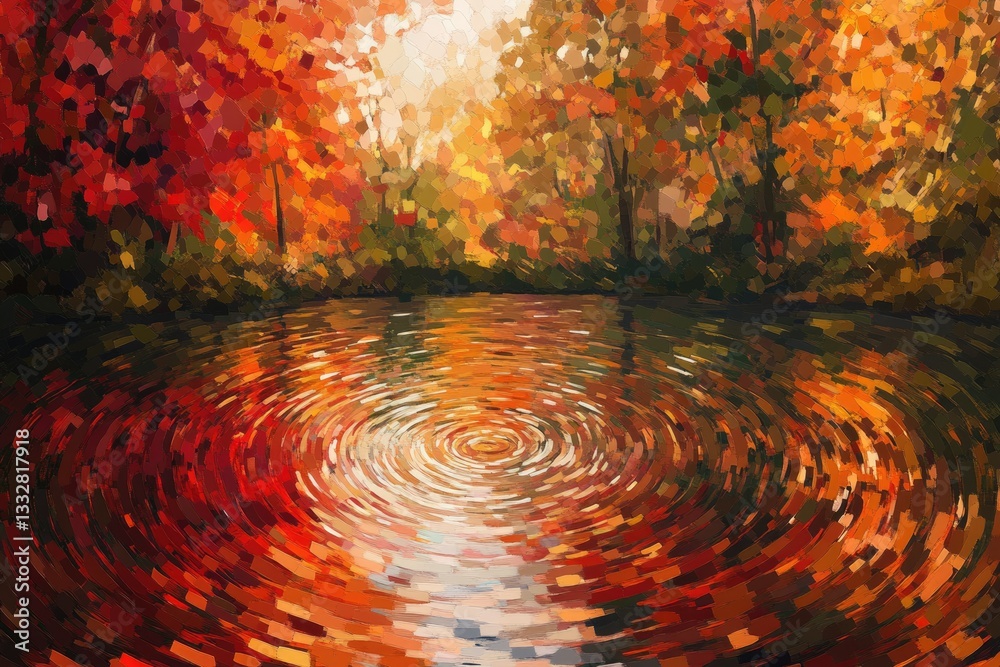 Poster autumnal reflection in a calm lake, surrounded by vibrant red and orange foliage.