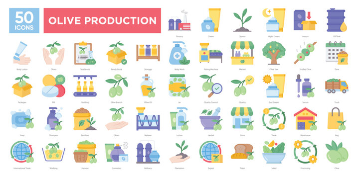 Olive Production icons themed around olive production, including harvesting,processing,cosmetics,storage,and trade. Perfect for presentations,infographics,and industry-related designs.