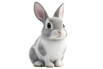 Obraz premium Adorable fluffy gray rabbit sitting with perked ears, isolated on white transparent background. Concept of wildlife, pets, and Easter symbolism