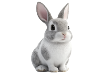 Adorable fluffy gray rabbit sitting with perked ears, isolated on white transparent background. Concept of wildlife, pets, and Easter symbolism