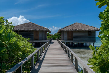 Wooden walkway leading to two overwater bungalows beneath a vibrant blue sky