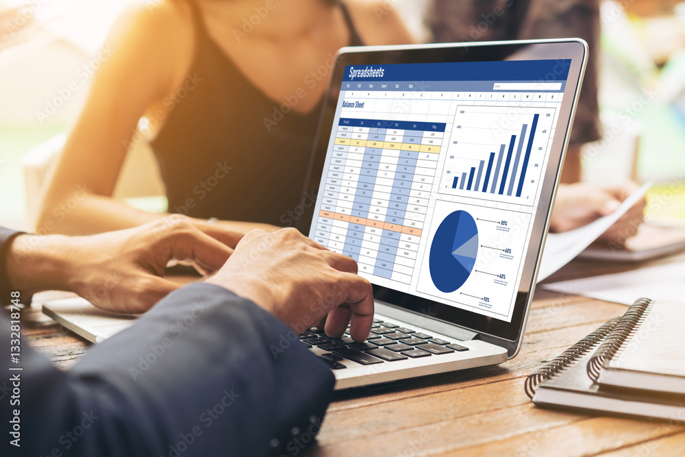 Poster spreadsheet document information financial startup concept. data and graphs in spreadsheet documents