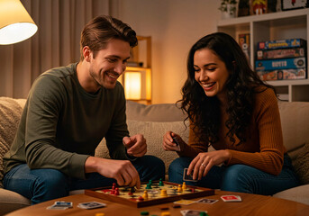 Fototapeta premium An evening of entertainment: a young couple smiles while playing a board puzzle game in the cozy comfort of their living room.