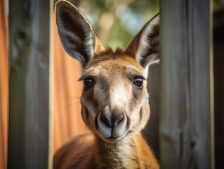 Obraz premium Red kangaroo seen through backyard fence large ear poking up curiously observes human other side natural light highlight kangaroo curious expression framed wooden slat of fence bridging gap between