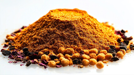 A detailed heap of Mexican taco seasoning with colorful spices on white background