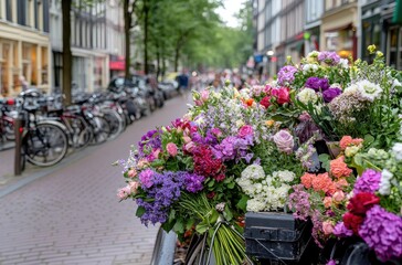 Fototapeta premium Vibrant Flower Display in Urban Setting with Bicycles Lining Charming Street and Lush Green Trees in Background During Sunny Day