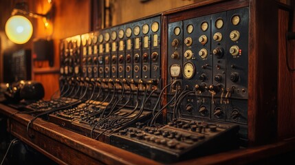 A visually captivating image of an old-fashioned telephone switchboard with vintage equipment, wires, and operator, set against a warm, nostalgic background