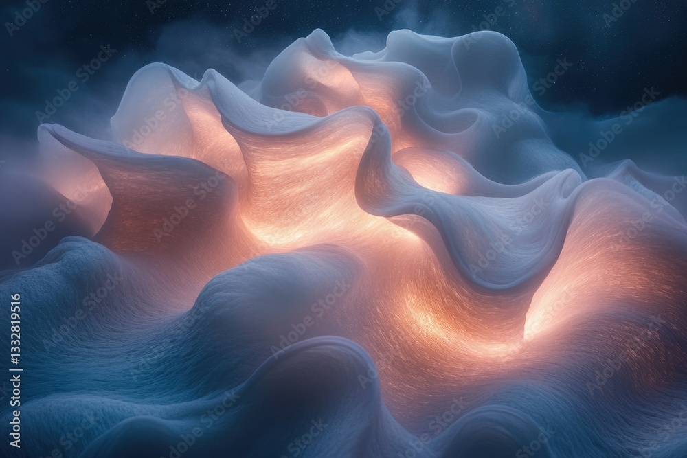 Poster glowing, ethereal fabric forms a surreal landscape, illuminated from within, creating a dreamlike sc