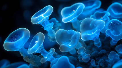 Bioluminescent fungi cooperate with methane producing archaea. archaea. illustration. Bioluminescent Fungi. Illustration