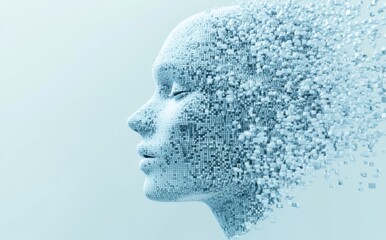 
3D rendering of a head made from white cubes on a light blue background. AI concept