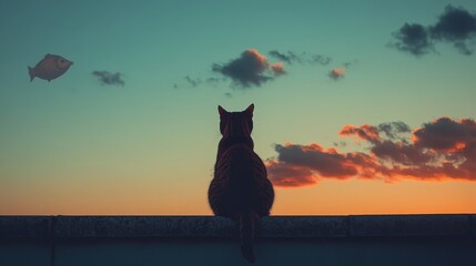 Cat watching sunset over rooftop urban environment photography serene atmosphere back view imagination