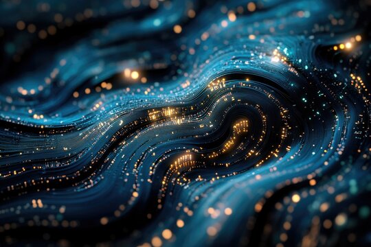 Abstract digital wave with glowing particles, representing data flow and network connections.