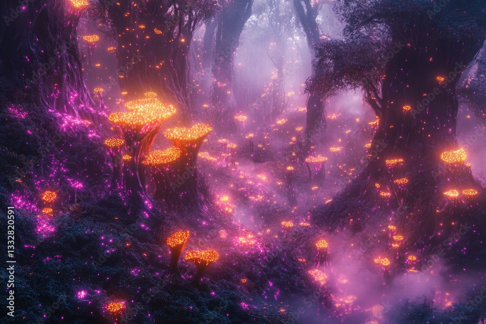 Poster enchanted forest with glowing, bioluminescent mushrooms and trees in a mystical, dreamy atmosphere.