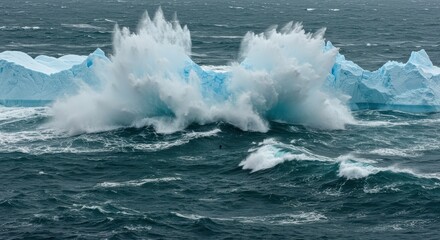 Waves Crashing Powerfully Against a Light Blue Iceberg in Rough Sea