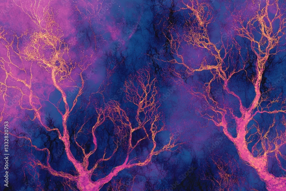 Poster abstract artwork depicting two intertwined trees with golden branches against a vibrant purple and b