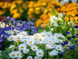 Vibrant Flower Garden Displaying Colorful Daisies and Pansies in a Lush Outdoor Setting During Bright Sunny Daytime