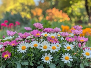 Fototapeta premium Vibrant Flower Garden Displaying Colorful Daisies and Pink Blooms in Fresh Greenery Under Soft Sunlight Amidst a Lush Natural Background