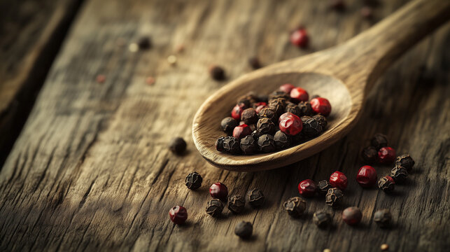 Sichuan peppercorns displayed in a wooden spoon on a rustic table  