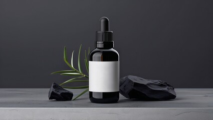 Premium shampoo or oil empty label, professional men's skin care product, mock up. Cylindrical bottle with a rubber point dropper. Minimalist color palette, deep, saturated tones, bold thick accents