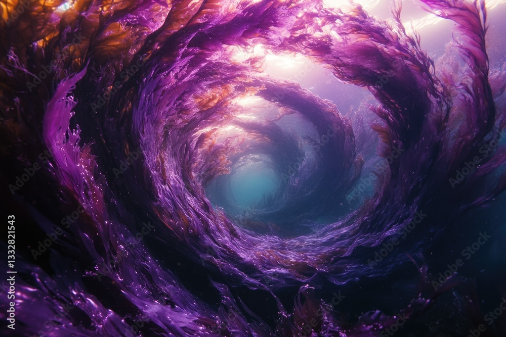 Poster Underwater vortex of vibrant purple kelp, creating a mesmerizing swirling pattern in the ocean depths.