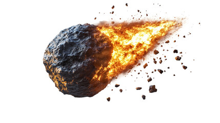Burning meteor flying with flames, cut out. Isolated on a transparent background.