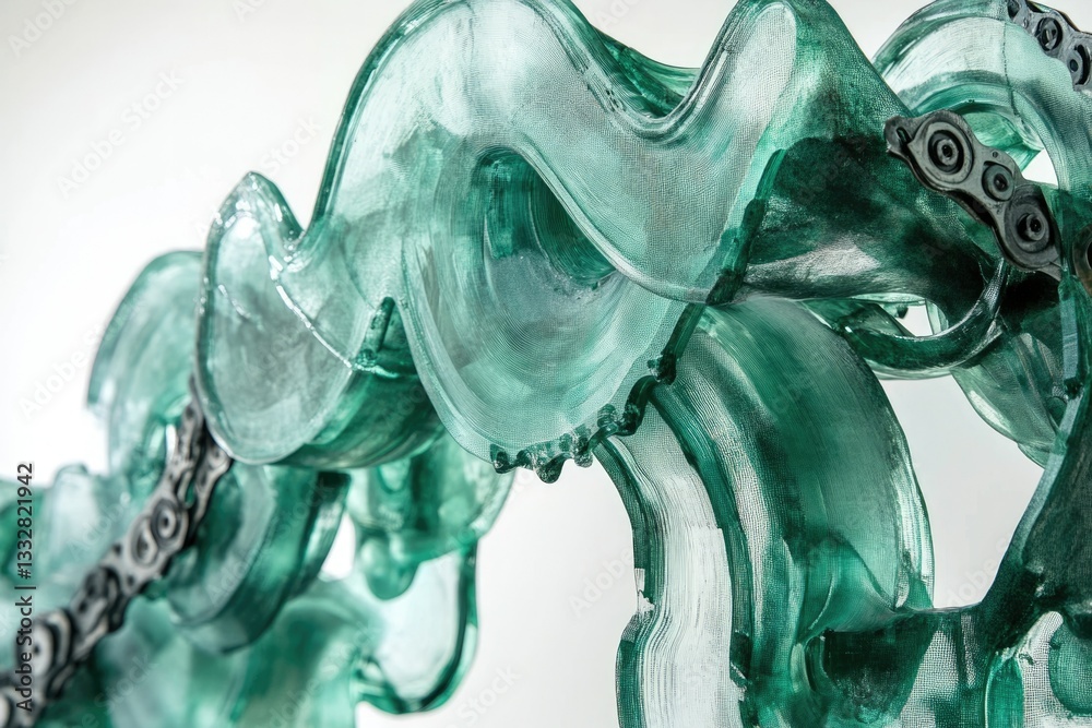 Poster abstract sculpture of intertwined translucent green forms, resembling a flowing chain.