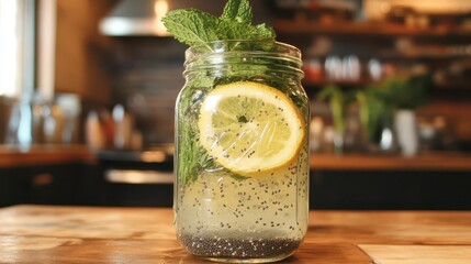  Detox Drink Made with Coconut Water, Lemon Slices, Chia Seeds, and Mint Leaves in a Glass Mason Jar