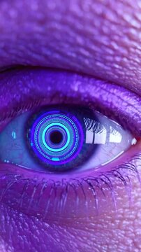 Cybernetic eye transformation. Extreme close-up of human eye with futuristic digital iris displaying circular holographic interface in multiple color variations