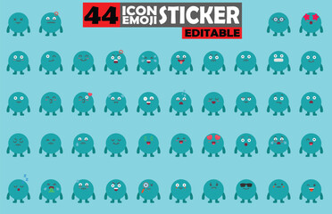 Diverse Blue Cute Monster Emoji Sticker Set with Various Facial Expressions and Moods © Gambar