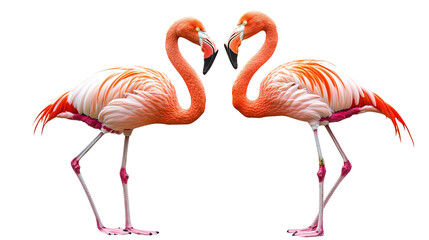 Fototapeta premium Gracefully standing two elegant pink flamingos, cut out. Isolated on a transparent background.