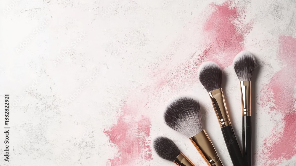 Poster makeup brushes dispersed with soft blush strokes on a light background showcasing a minimalist artis
