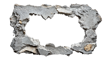 Hole in concrete wall with rough edges, cut out. Isolated on a transparent background.
