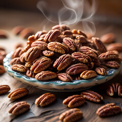 Obraz premium A warmly lit, mouthwatering photograph of a batch of freshly baked Cinnamon & Sugar Roasted Pecans, artfully arranged on a rustic wooden surface or a decorative ceramic plate, captured with a shallow 