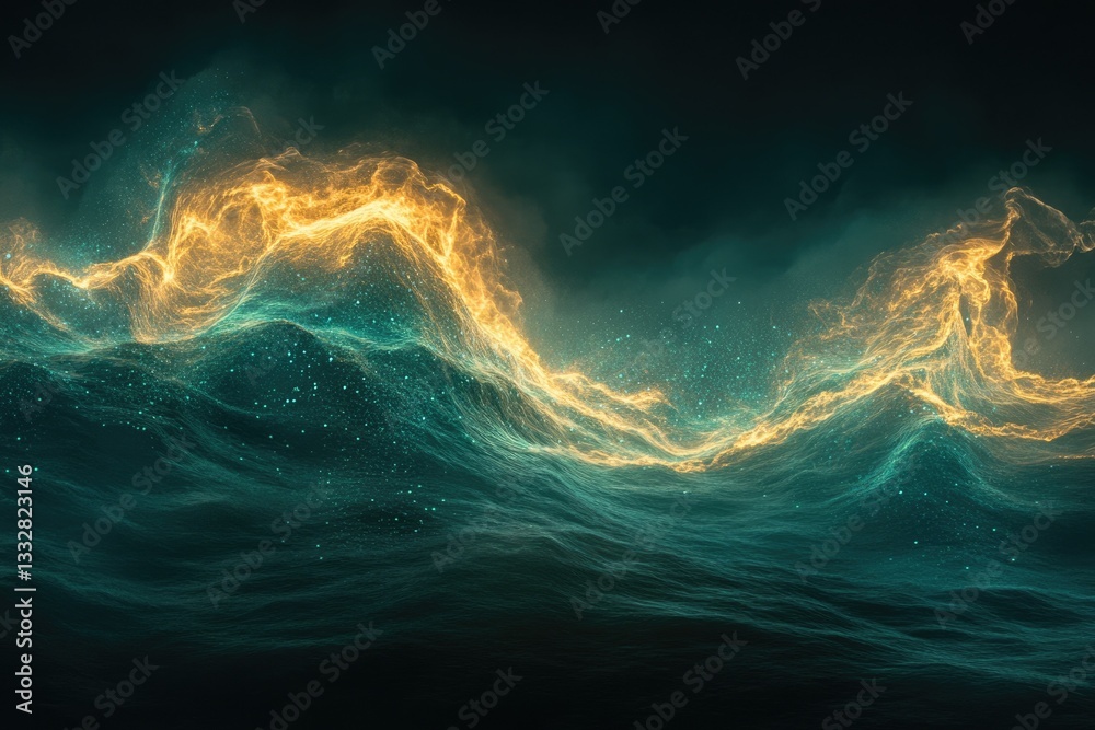 Poster glowing golden waves ripple across a dark teal ocean, creating a mystical and ethereal seascape.