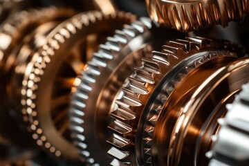 Close-up of intricate metallic gears, showcasing precision engineering and industrial design.