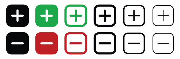 Obraz premium Set of Plus and minus signs collection, positive and negative signs with circular and square shapes symbol. Vector Illustration.