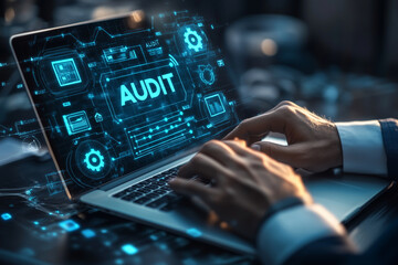 Business audit compliance professional working on a laptop in a modern office