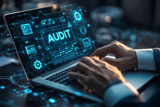 Business audit compliance professional working on a laptop in a modern office