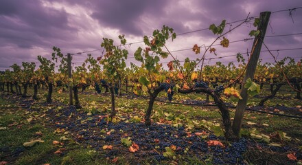 Fototapeta premium Walking Through Vineyard with Ripe Grapes Fallen on the Ground