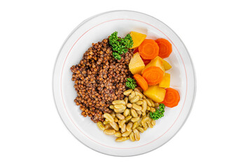 Lentils and vegetables vegetarian main course, bean, potatoe, carrot tasty fresh gourmet food background on the table rustic food top view copy space keto and paleo diet vegetarian and vegan food