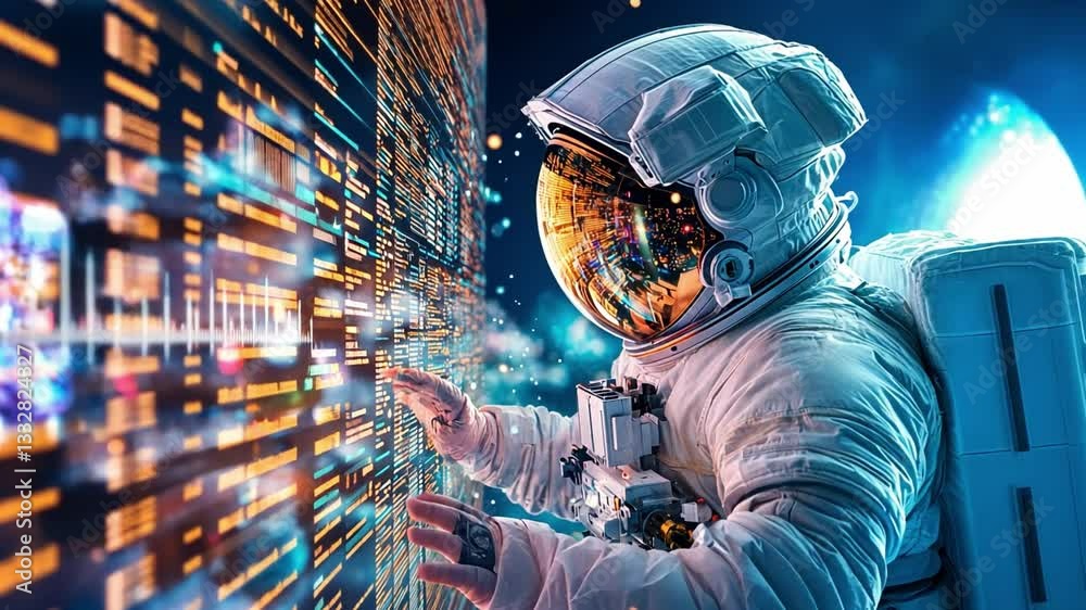 Poster exploring data in a futuristic space environment with an astronaut in intricate detail