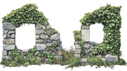 Set of stone walls covered in vines, cut out. Isolated on a transparent background.