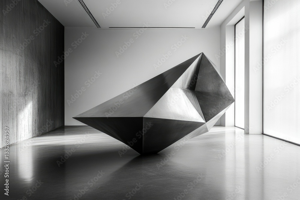 Poster a large, angular, metallic sculpture rests on a polished floor in a minimalist gallery setting.