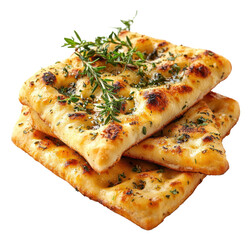 Flatbread stack. Golden squares with herbs on top. Food photography. Transparent png isolated image.