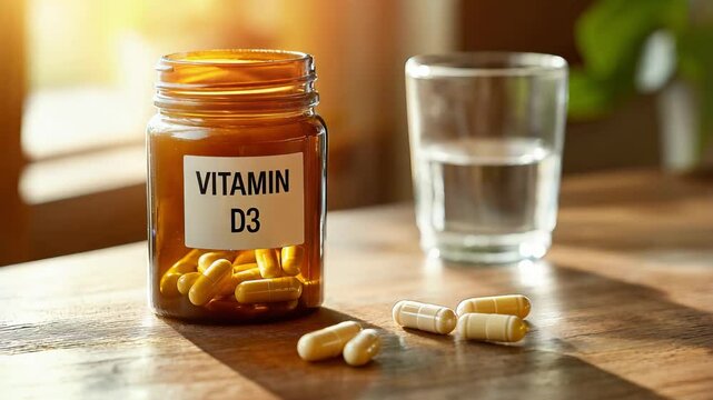 A jar of Vitamin D3 capsules sits on a wooden table beside a glass of water in a brightly lit room